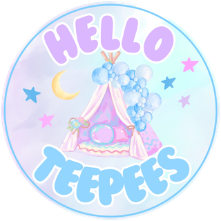 Hello Teepees logo: a pastel teepee sleepover under a crescent moon and stars